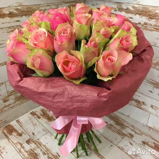 Букет розовых роз, Кения, 50см 65 шт