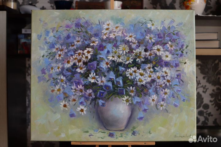 Картина маслом Колокольчики и Ромашки 40х50см