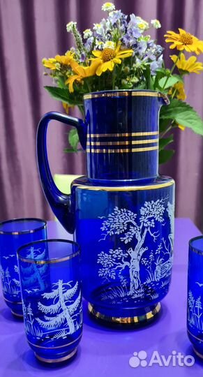 Графин и стаканы Богемия зима олени охота