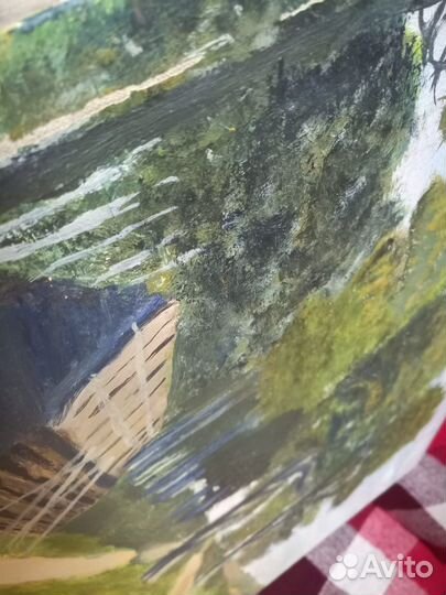 Старинная картина холст масло Изба в роще