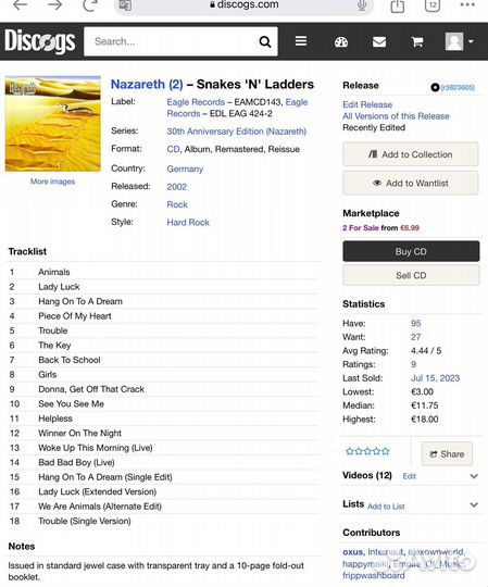 Nazareth 'Snakes'N'Ladders' CD