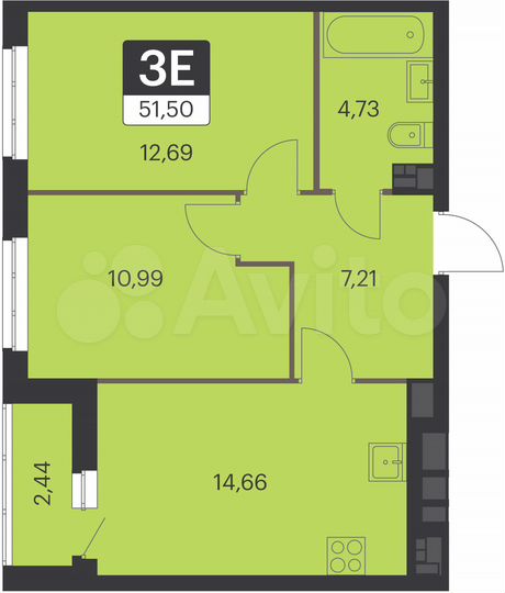 2-к. квартира, 51,5 м², 6/15 эт.