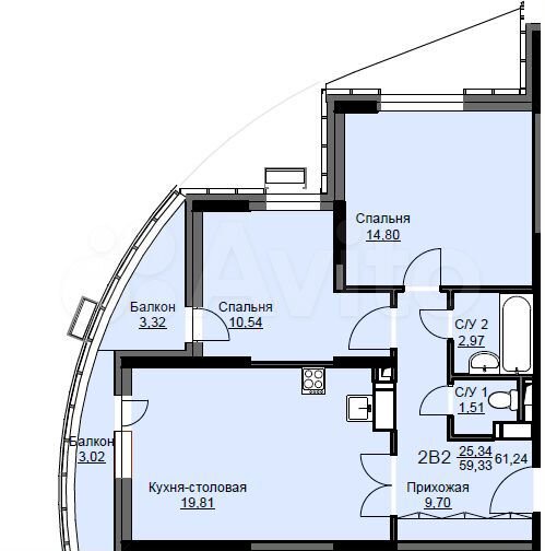 2-к. квартира, 61,2 м², 14/17 эт.