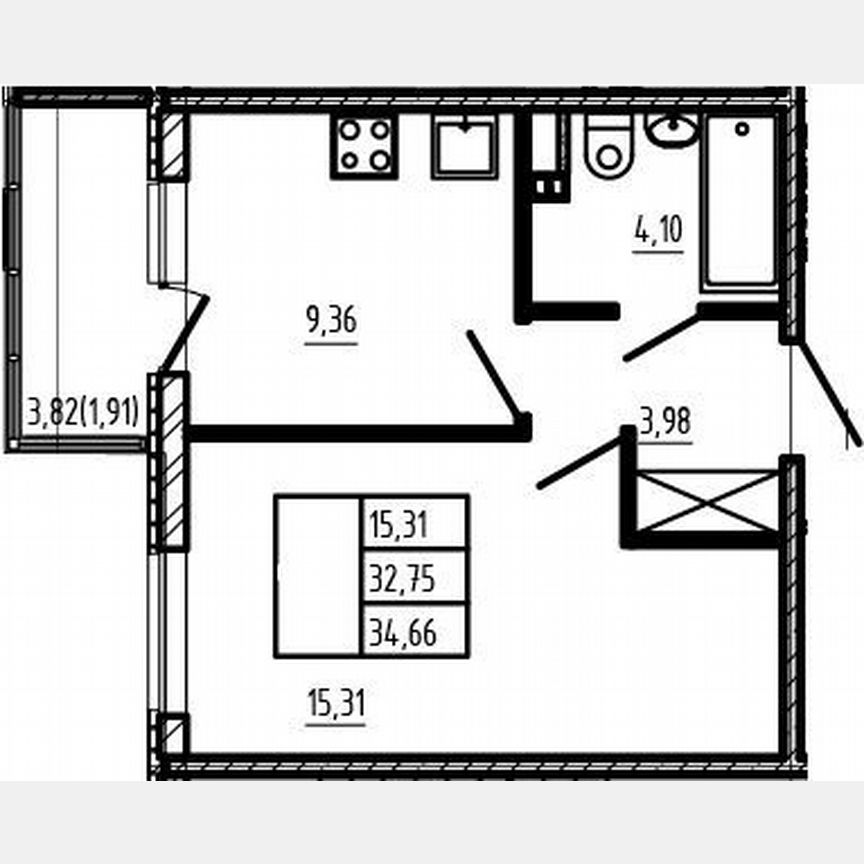1-к. квартира, 32,8 м², 2/4 эт.