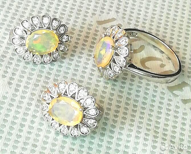Серьги, кольцо серебро опал разм.19,0 С324