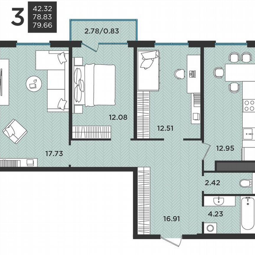 3-к. квартира, 79,7 м², 2/3 эт.