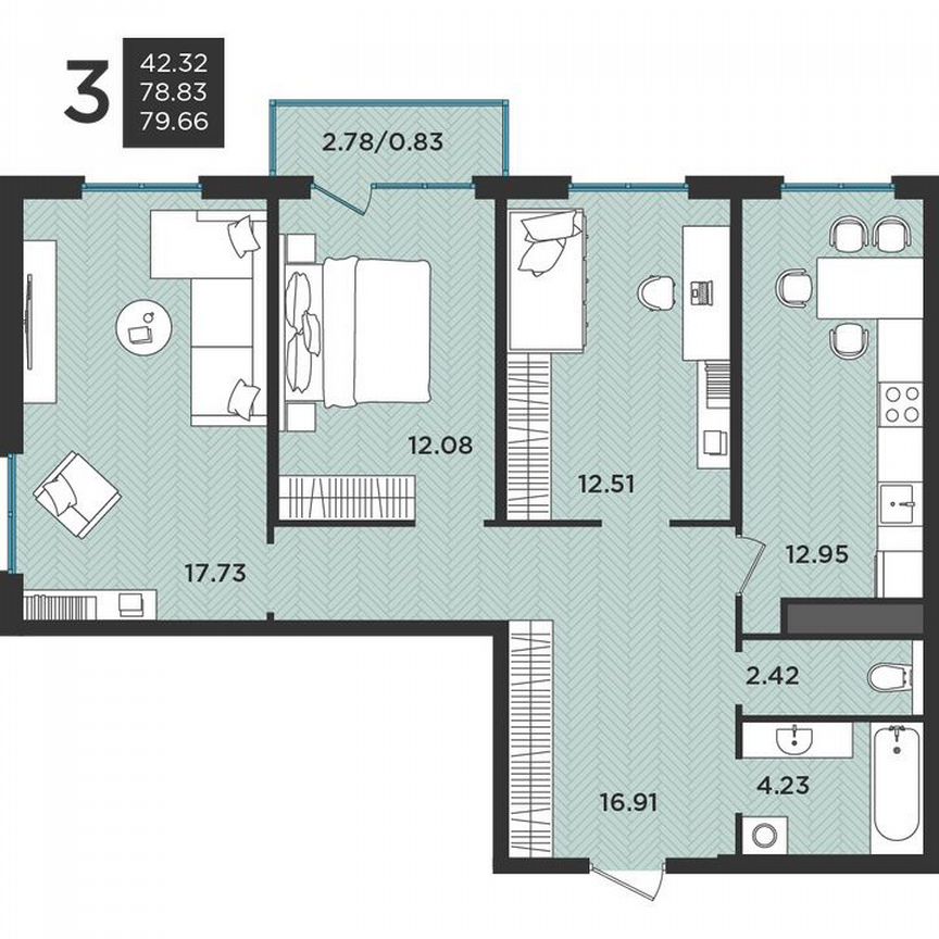 3-к. квартира, 79,7 м², 2/3 эт.