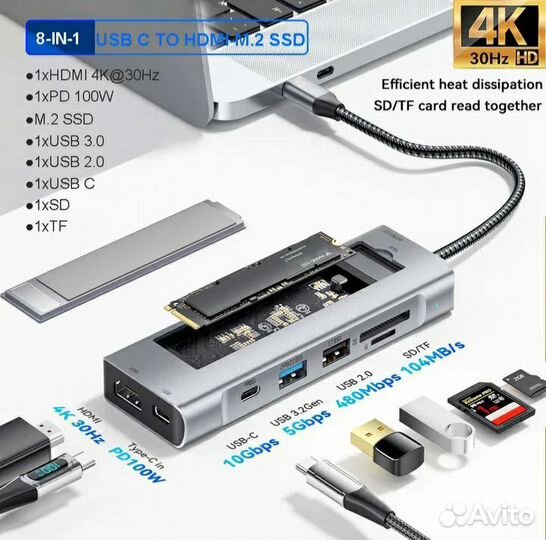 Внешний корпус для ссд NVMe + SATA HUB 8-в-1