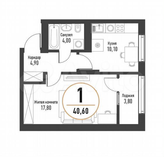 1-к. квартира, 40,6 м², 6/17 эт.