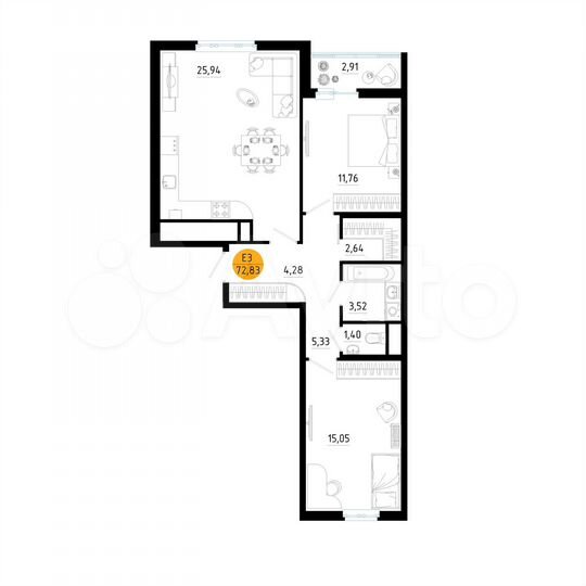 2-к. квартира, 72,8 м², 16/25 эт.