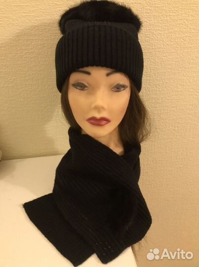 Шапка вязаная и шарф норковый мех