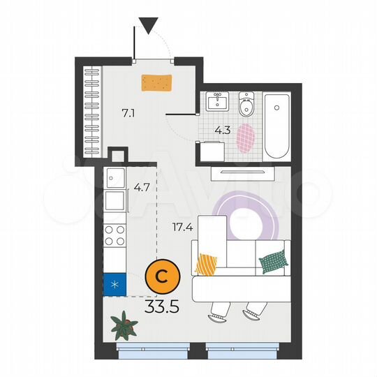 Квартира-студия, 33,5 м², 2/19 эт.