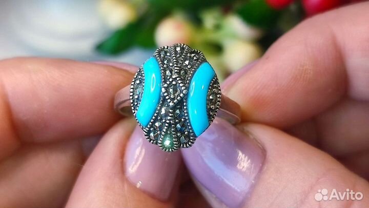 Винтаж СССР кольцо бирюза и марказиты 19,5 раз 925