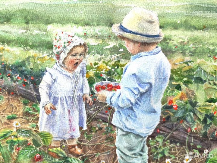 Картина А3 летний пейзаж клубника поле дети летом