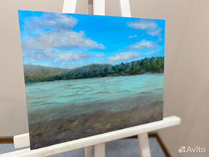 Картина маслом пейзаж на холсте 50х40см Горная рек