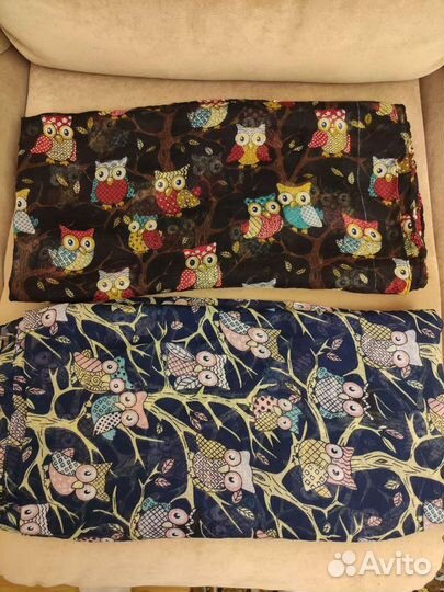 Шаль, шарф, совы, синий, чёрный