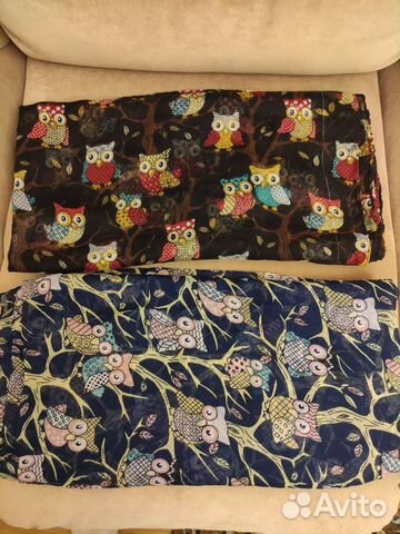 Шаль, шарф, совы, синий, чёрный