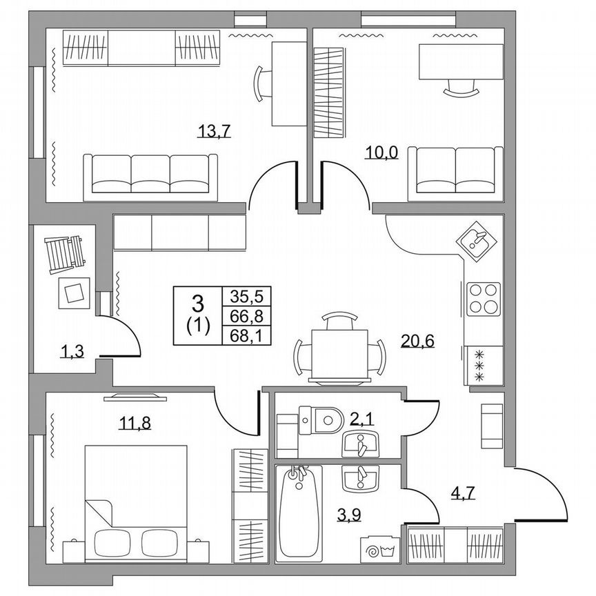 3-к. квартира, 68,1 м², 7/8 эт.