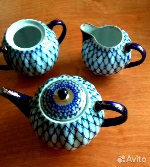 Чайный сервиз. Лфз. Кобальтовая сетка.Золото. СССР