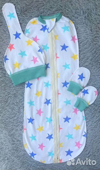 Новый комплект: Пеленка Кокон, шапочка, царапки