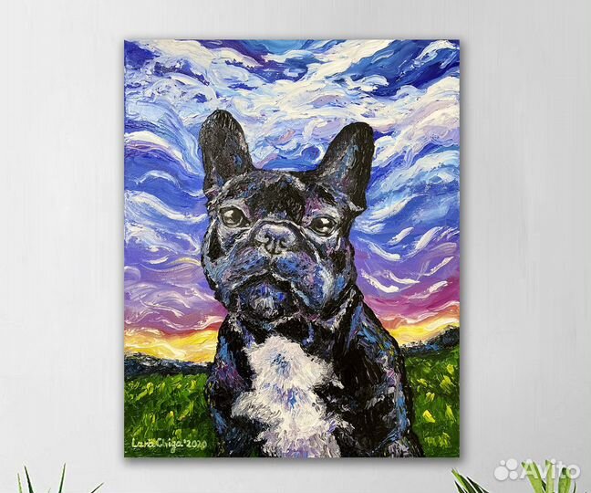 Картина маслом собака Французский бульдог черный