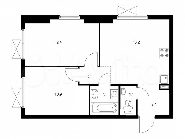 2-к. квартира, 49,4 м², 11/25 эт.