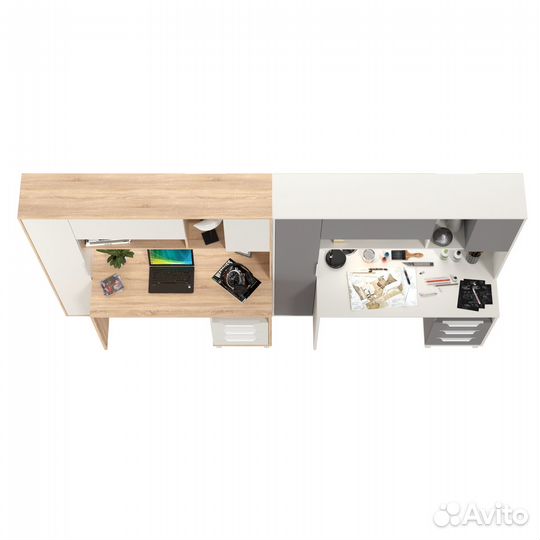 Два стола компьютерных с тумбой три ящика Mobi Комфорт 12.95N сонома/белый/серый шифер