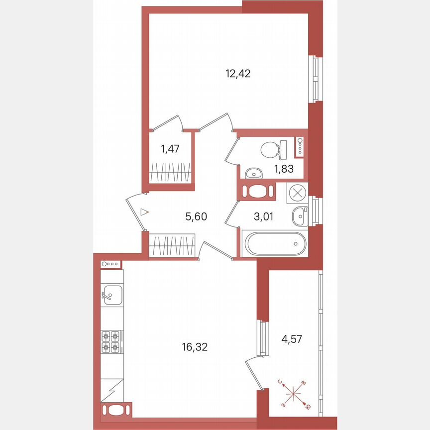 1-к. квартира, 42,9 м², 7/12 эт.