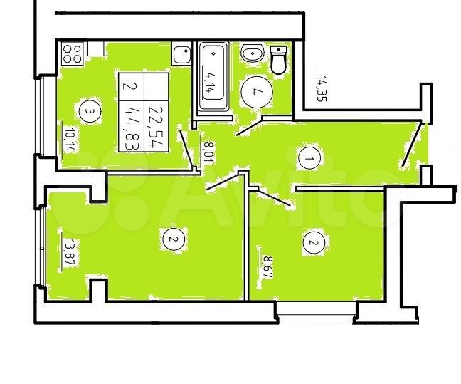 2-к. квартира, 44 м², 1/8 эт.