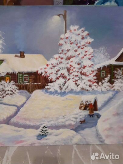 Картина. Зимний деревенский пейзаж