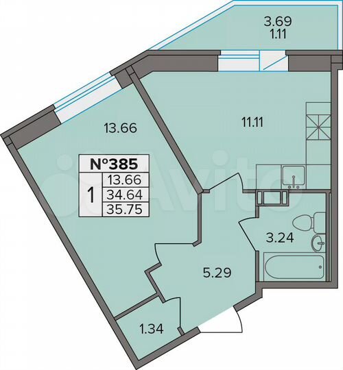 1-к. квартира, 35,8 м², 4/9 эт.