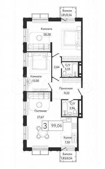 3-к. квартира, 99 м², 3/6 эт.