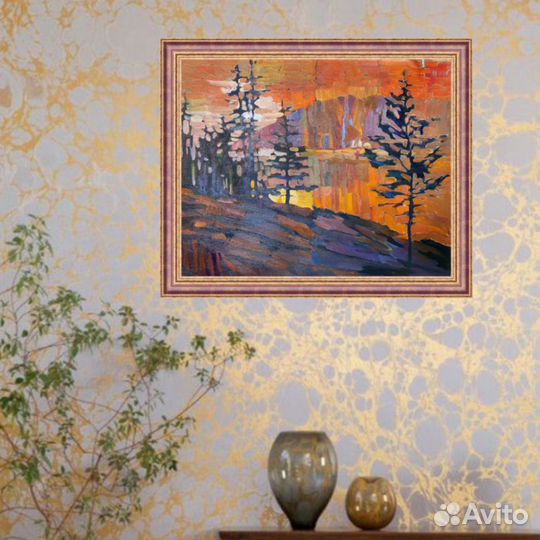 Картина маслом Пейзаж оранжевый закат на холсте