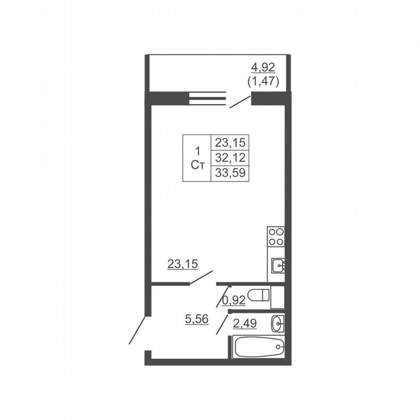 Квартира-студия, 33,6 м², 7/16 эт.