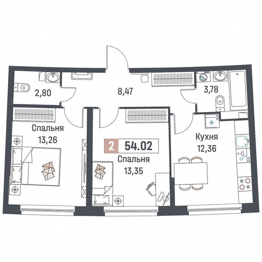 2-к. квартира, 54 м², 2/18 эт.