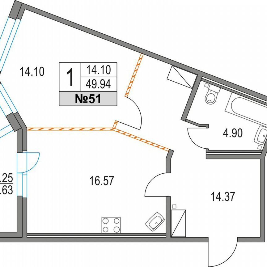 1-к. квартира, 49,9 м², 9/21 эт.