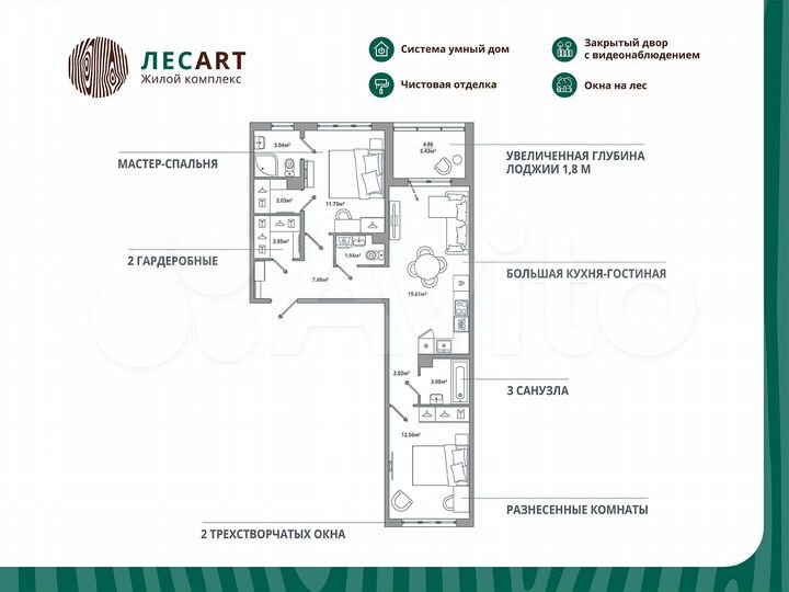 2-к. квартира, 68,8 м², 2/12 эт.