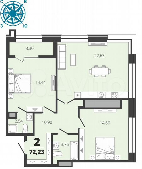 2-к. квартира, 72,2 м², 14/19 эт.