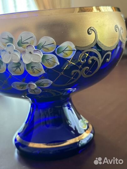 Ваза для фруктов и конфет на ножке лепка синяя