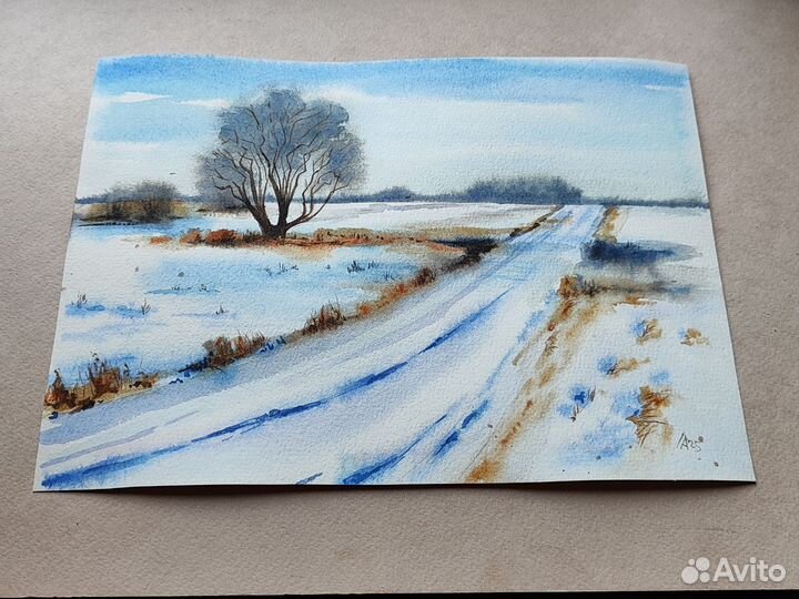 Картина Зимний пейзаж акварель 19.5 на 27 см