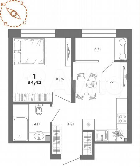 1-к. квартира, 34,4 м², 15/22 эт.