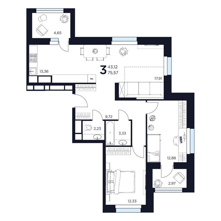 3-к. квартира, 75,6 м², 6/8 эт.