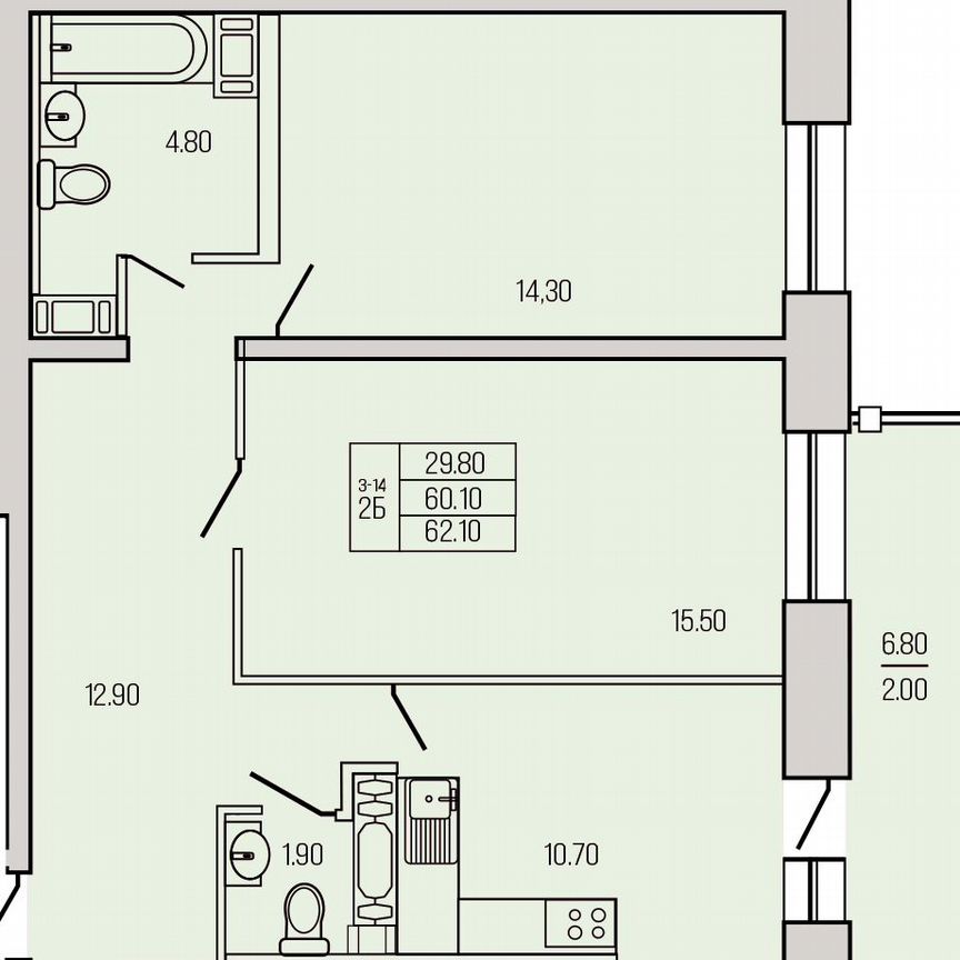 2-к. квартира, 62,1 м², 8/19 эт.