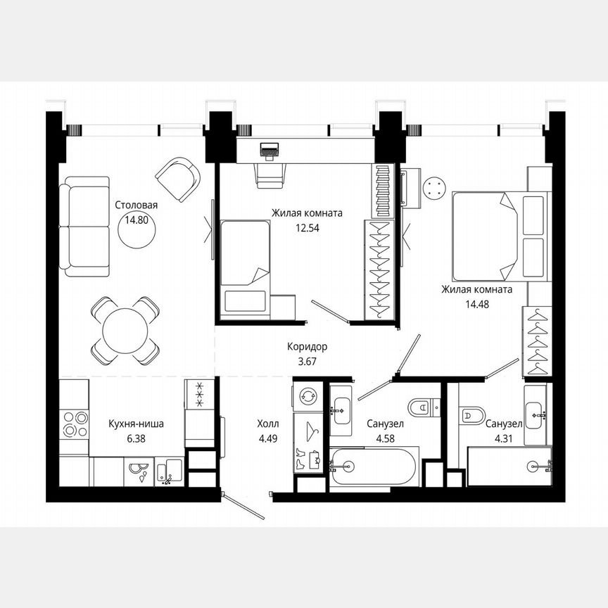 2-к. квартира, 65,4 м², 38/54 эт.