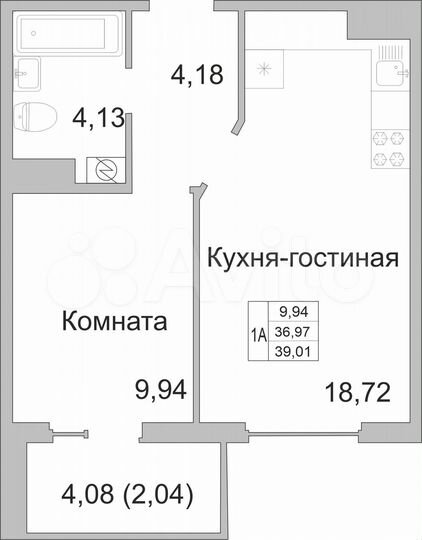 1-к. квартира, 39 м², 8/9 эт.