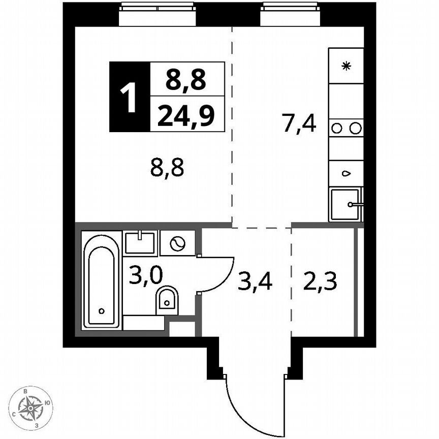 Квартира-студия, 24,9 м², 2/12 эт.