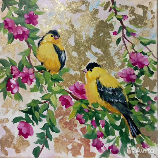 Картина Птички маслом с золочением поталью