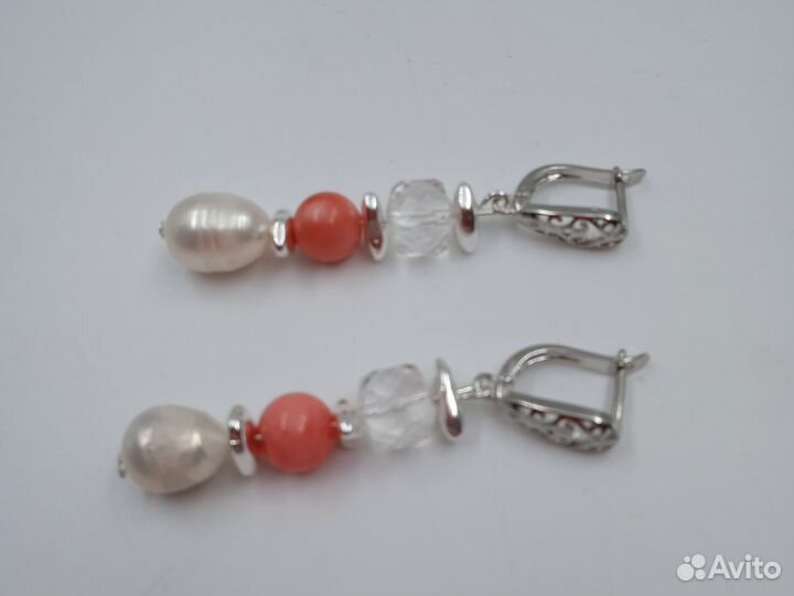 Серьги 5 см коралл, хрусталь, жемчуг