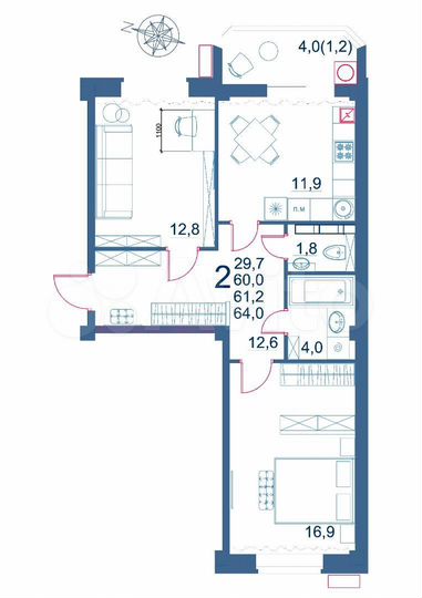 2-к. квартира, 64 м², 7/9 эт.