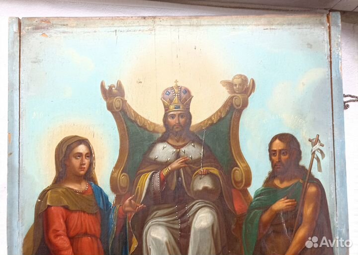 Икона старинная спас на троне. Киот